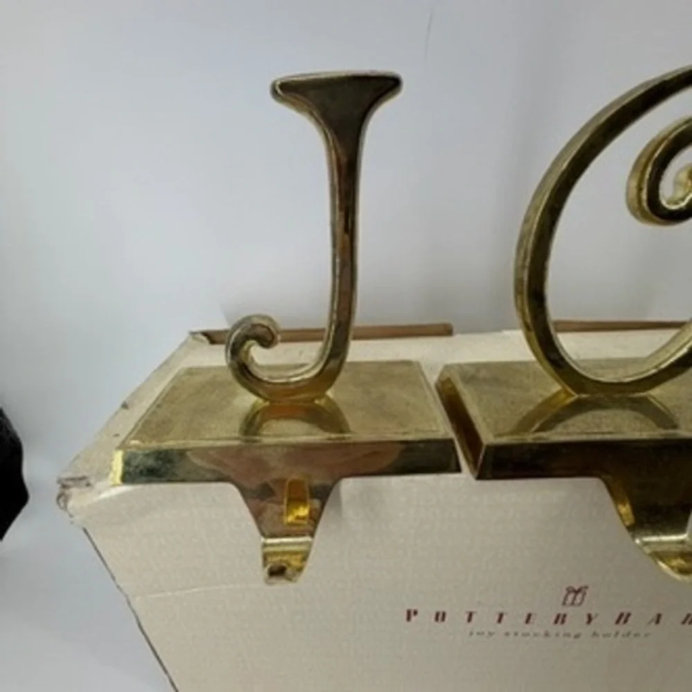 Pottery Barn JOY Stocking Holder Set Gold Tone Metal Weighted Mantel Decor 3pc